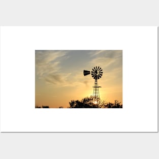 Kansas Sunset with clouds and a Windmill Posters and Art